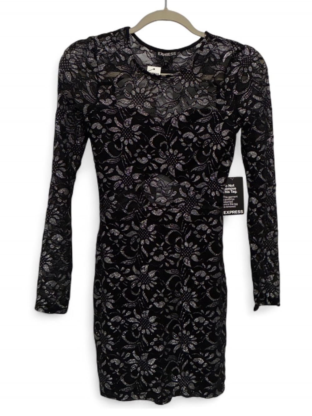 NWT Express Black Metallic Floral Lace Long-Sleeve Mini Dress